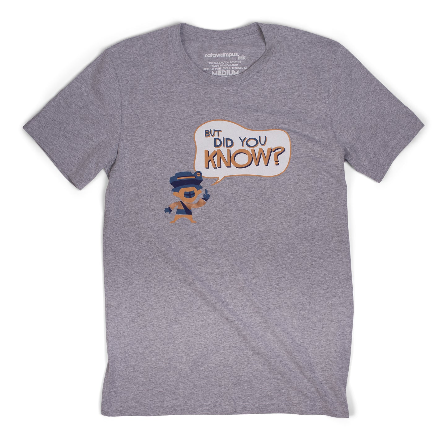 A heather grey t-shirt with a screen printed logo on the front reading "but did you know". Pictured lying flat.