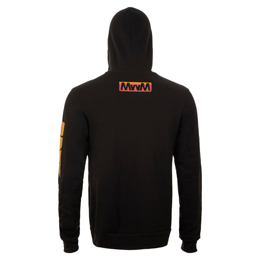 Back view of black hoodie. Yellow and Pink MwM logo is visible on the nape.